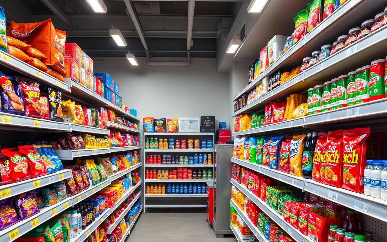 Well-stocked convenience store shelves